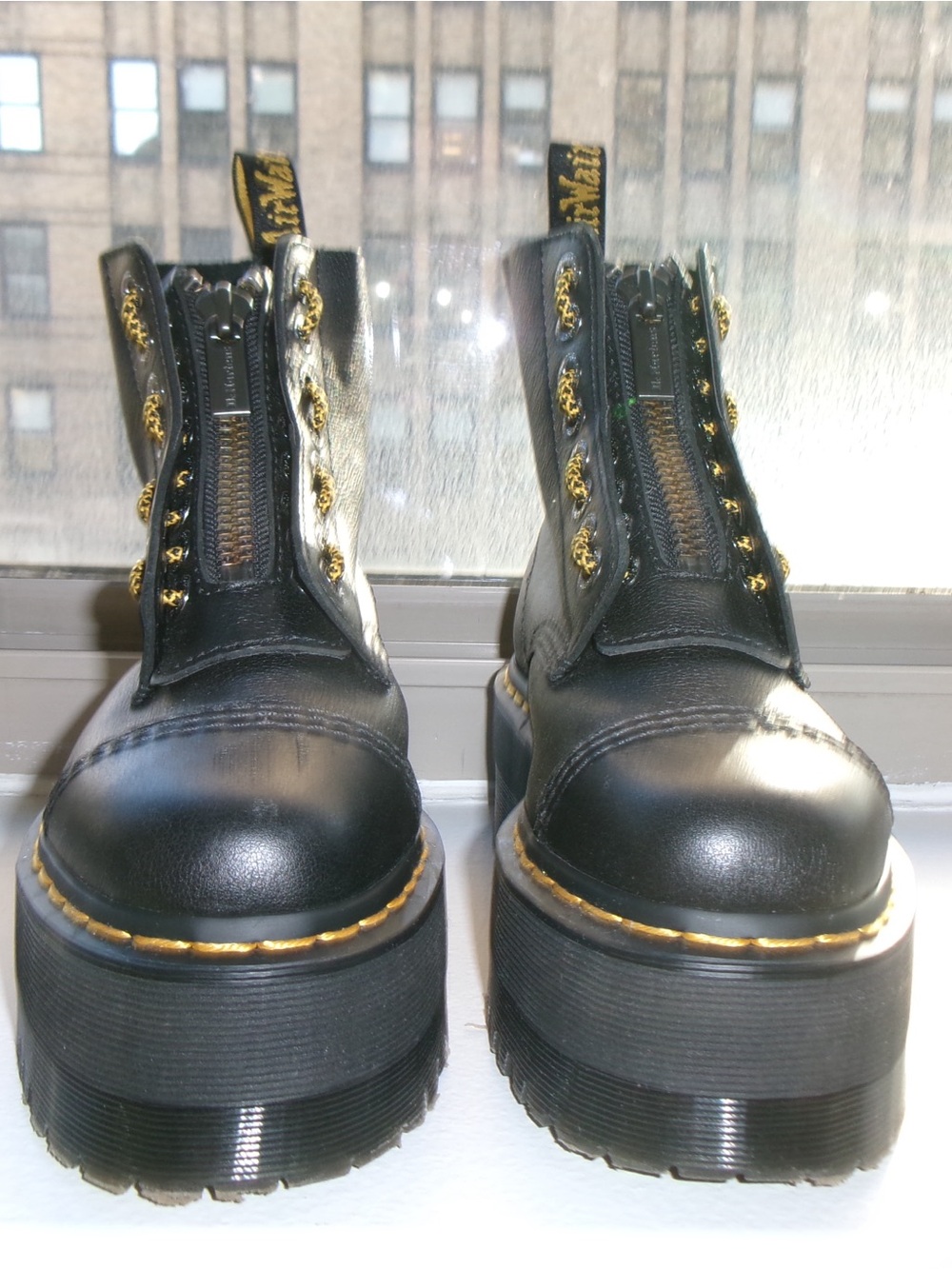 Dr. Martens Sinclair Black Leather Platform Ankle Boots with Yellow Stitching - Picture 9 of 10